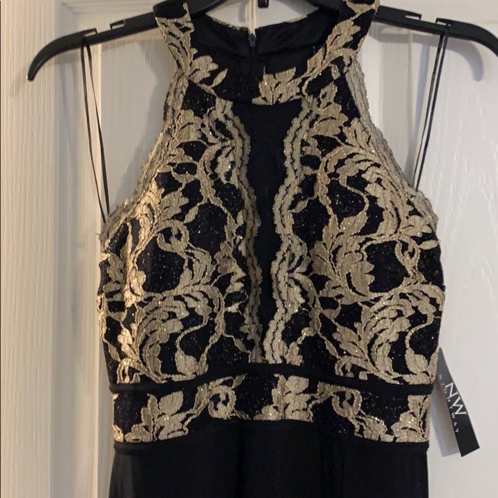 Lace/Glitter and Jersey High-Neck A-Line Gown